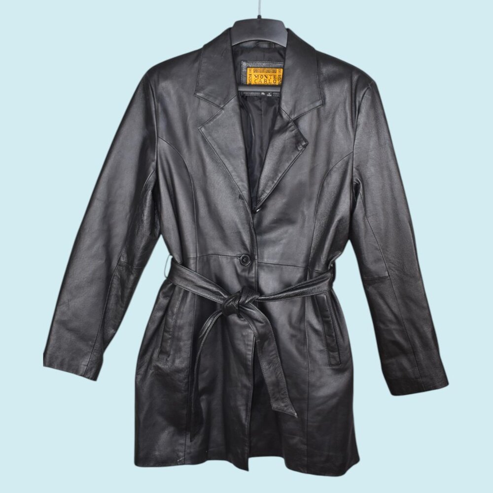 Monte Carlo Leather Coat Women's Size XL Black Button Lined Belted Y2K Blazer